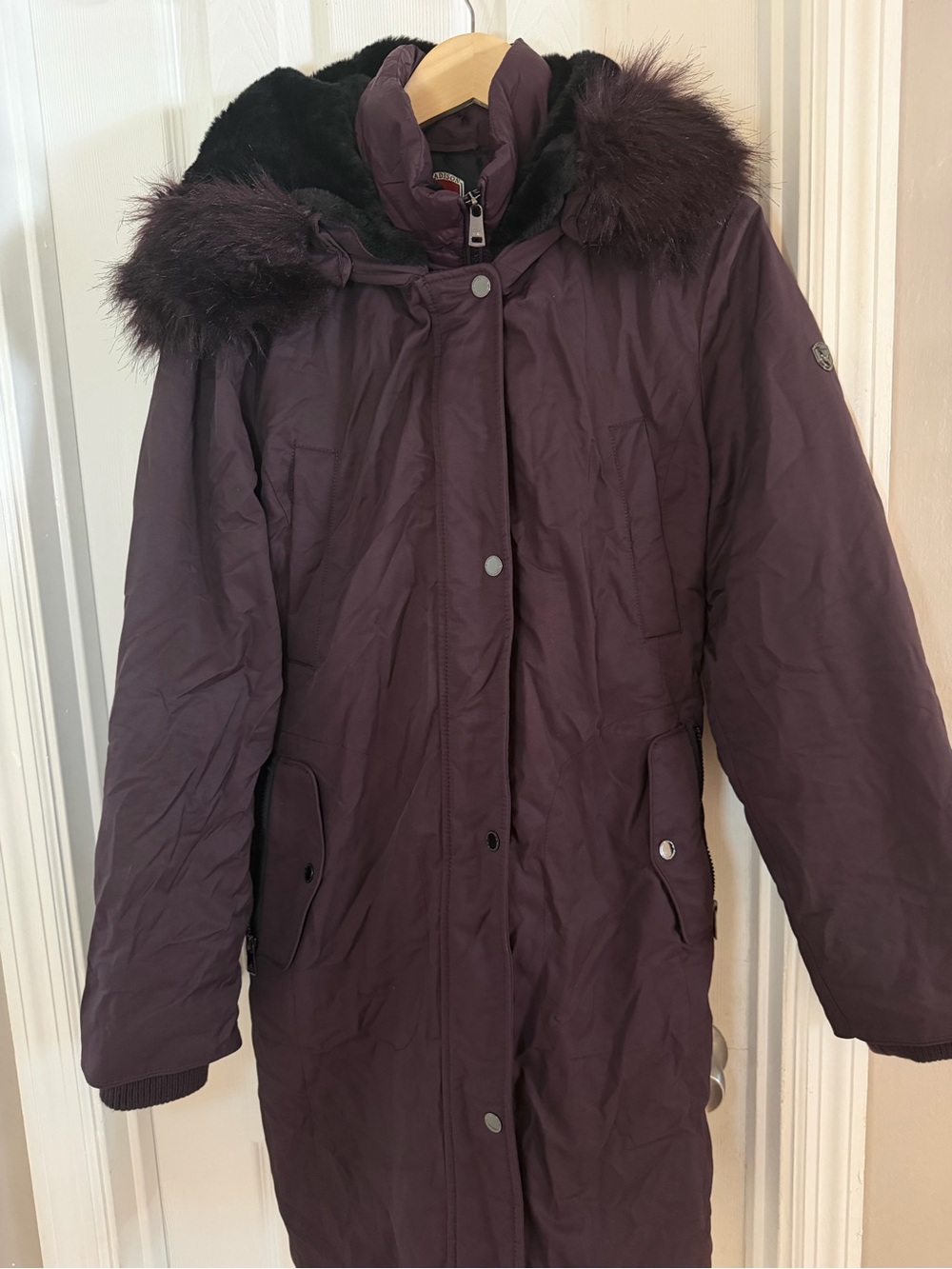 Madison Long Puffer Coat with Faux-Fur Trim in Plum